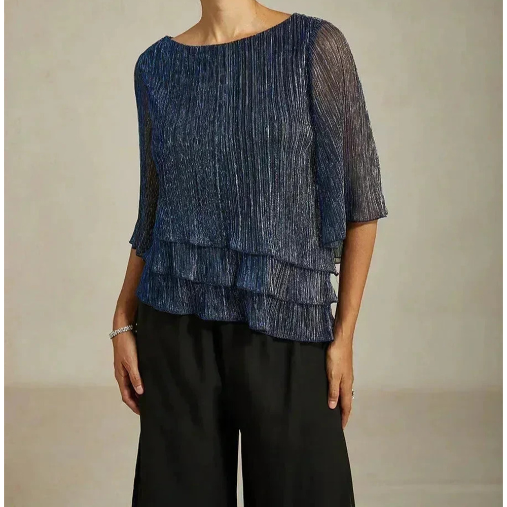 MSGLAMOR Metallic Pleated Assymmetric Layered Blouse Blue Silver Sz Large Party